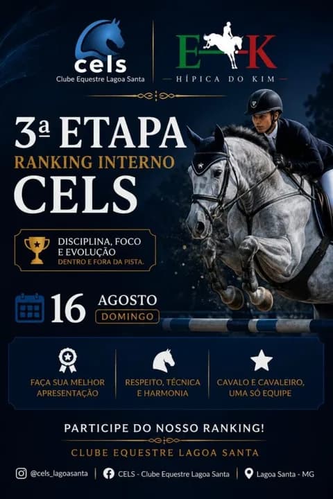 Cartaz da 3ª Etapa do Ranking Interno CELS, em 16 de agosto, domingo, no Clube Equestre Lagoa Santa. Mostra um cavaleiro de capacete saltando um obstáculo com um cavalo tordilho.